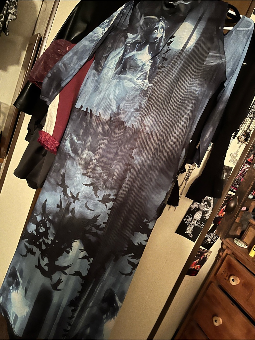 Corpses bride Gothic Blue-Black Printed Maxi Dress sheer